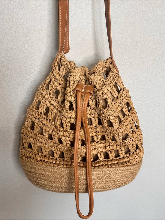 Handbags - Woven Drawstring Bucket Bag with Brown Leather Strap